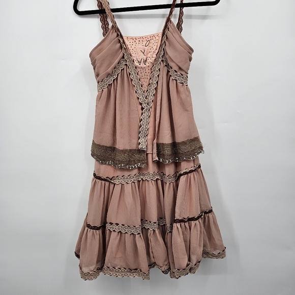 Wardrobe Boho Tiered Ruffle Midi Dress Pink Lace Trim Size S - Picture 1 of 6
